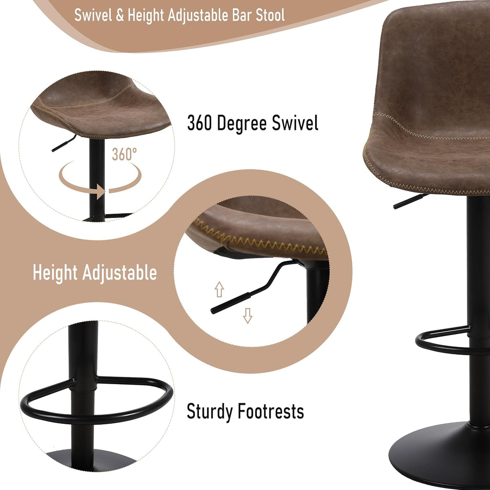 Swivel Bar Stools Set 3, Adjustable Height Suede-Like Leather Brown