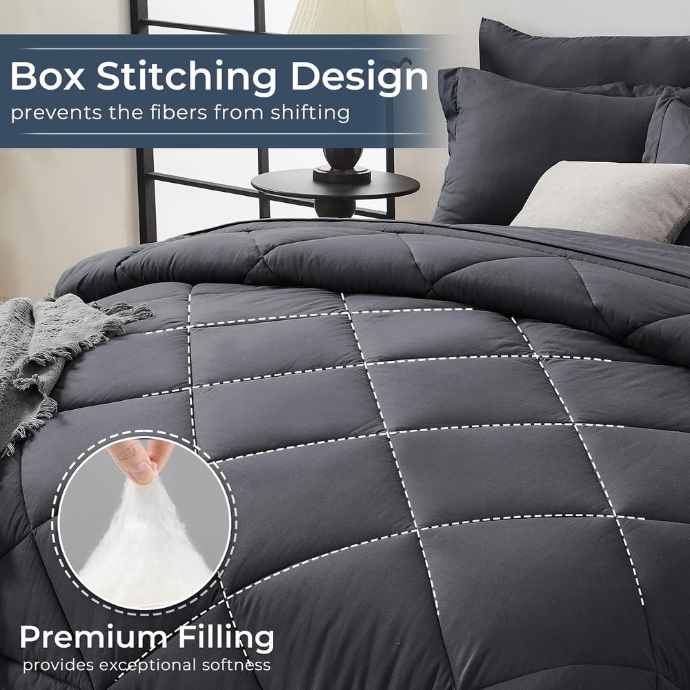HEVUMYI 7-Piece California King Comforter Set, Dark Grey Bed in a Bag