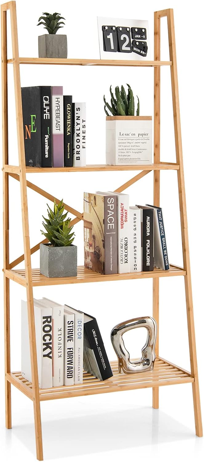 GIANTEX 4-Tier Bamboo Bookshelf, Multifunctional Storage Display Rack Shelves...