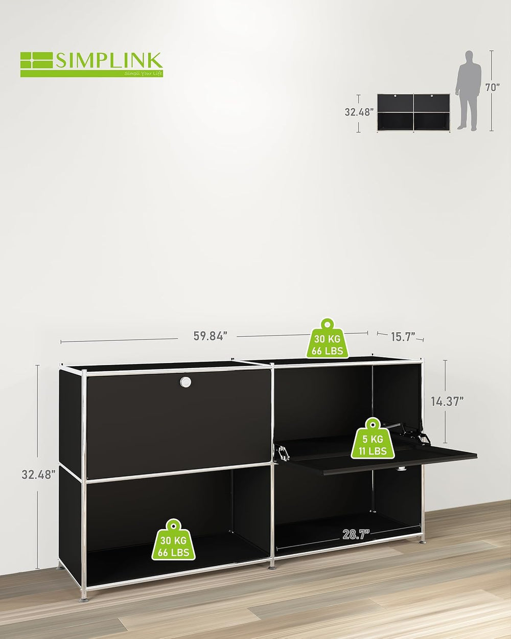 Metal Storage Cabinet, Mid-Century Sideboard, 2 Flap Doors, H60