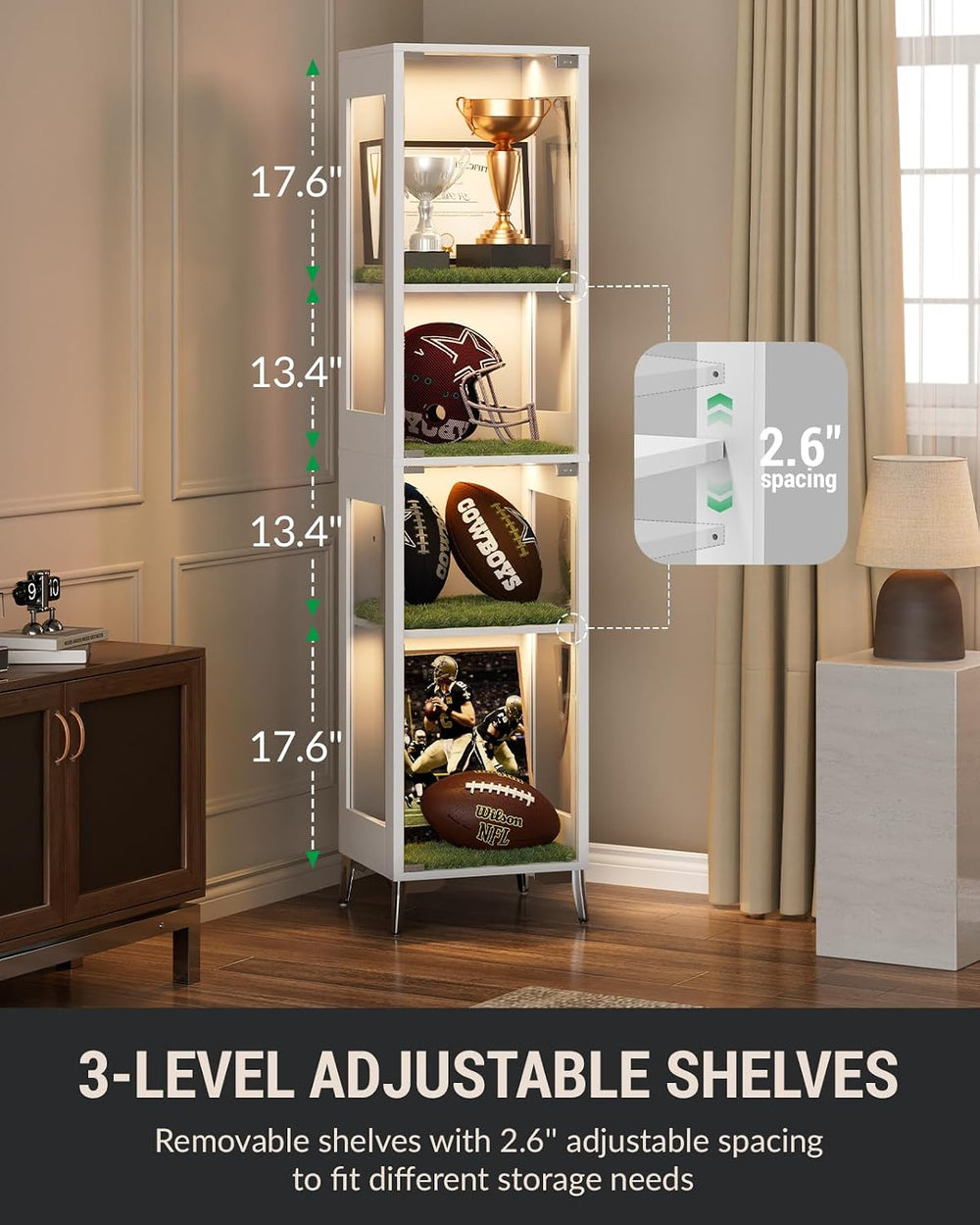 Glass Display Cabinet, 4-Tier Curio Cabinet, Adjustable Shelves, 60,000 Color...