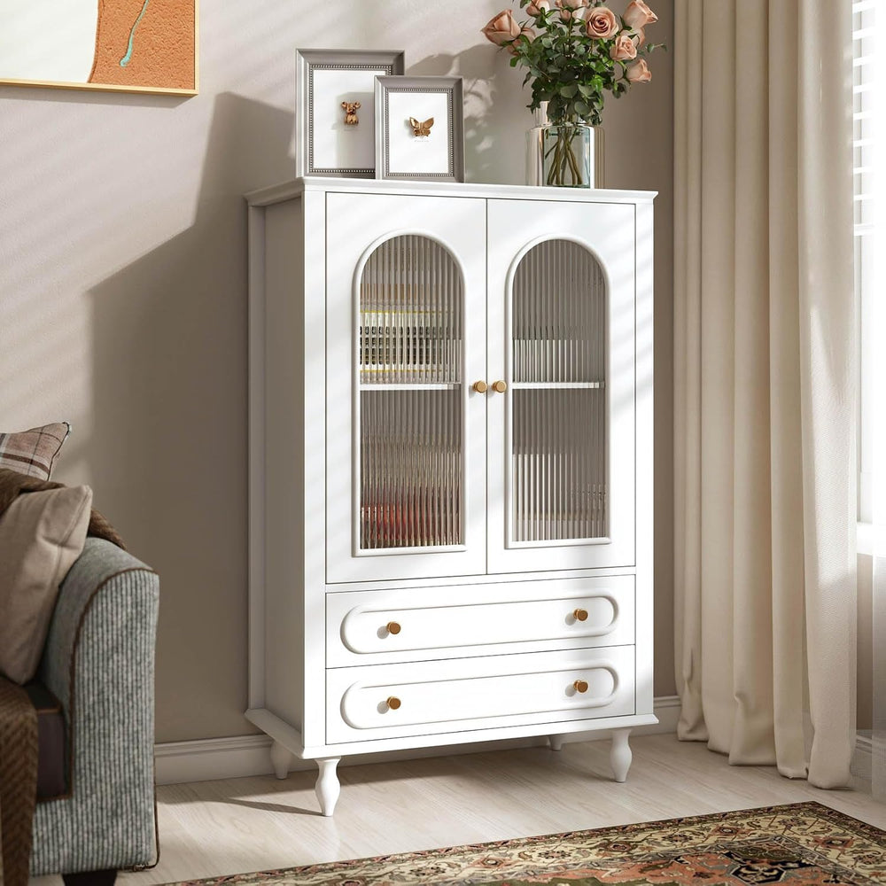 46.5'' Tall Accent Cabinet with Arched Doors,Fluted Glass Cabinet,White