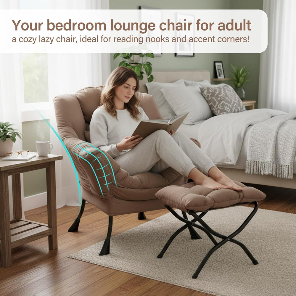 Lazy Chair with Ottoman, Comfy Chair with Pillow,Pure Khaki