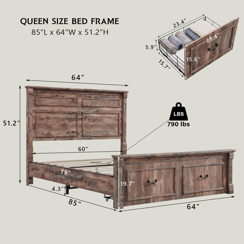 Aitjunz Farmhouse Queen Size Bed Frame w/51 Tall Headboard, Light Brown