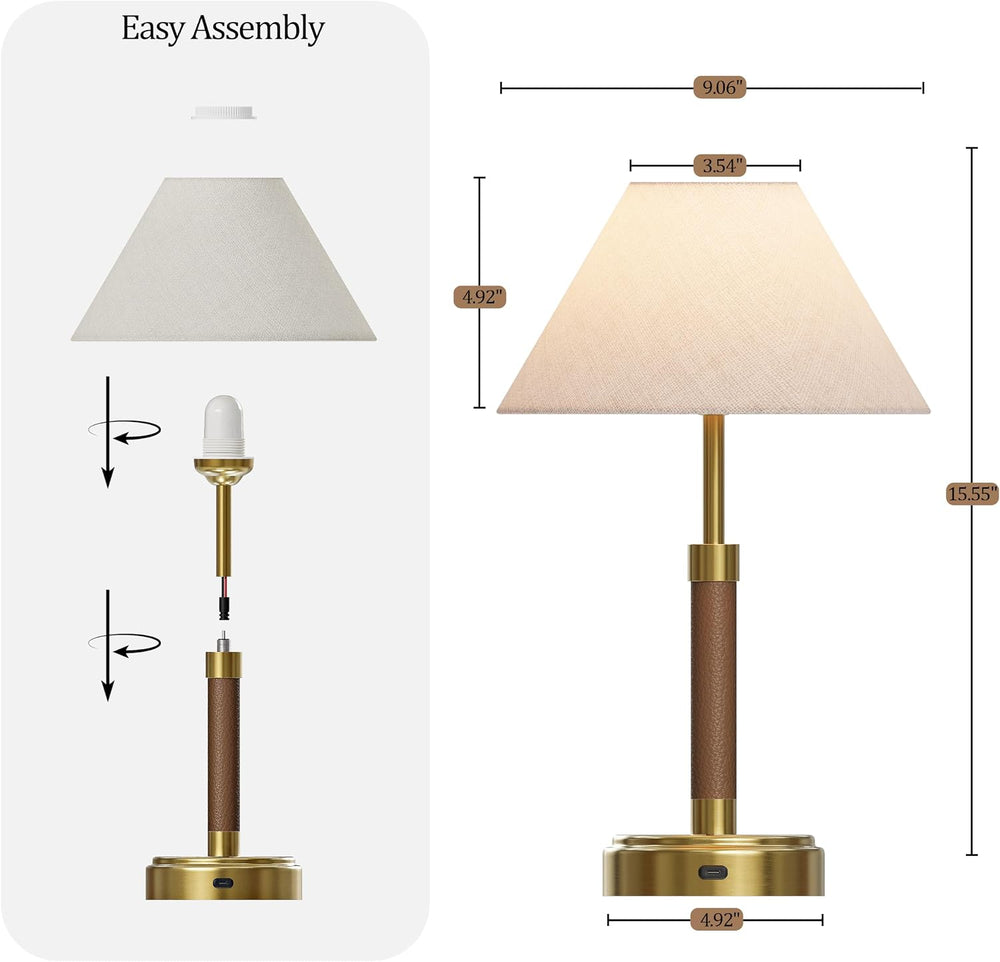 Mid Century Modern Leather Table Lamp, Cordless Rechargeable lamp Set of 2
