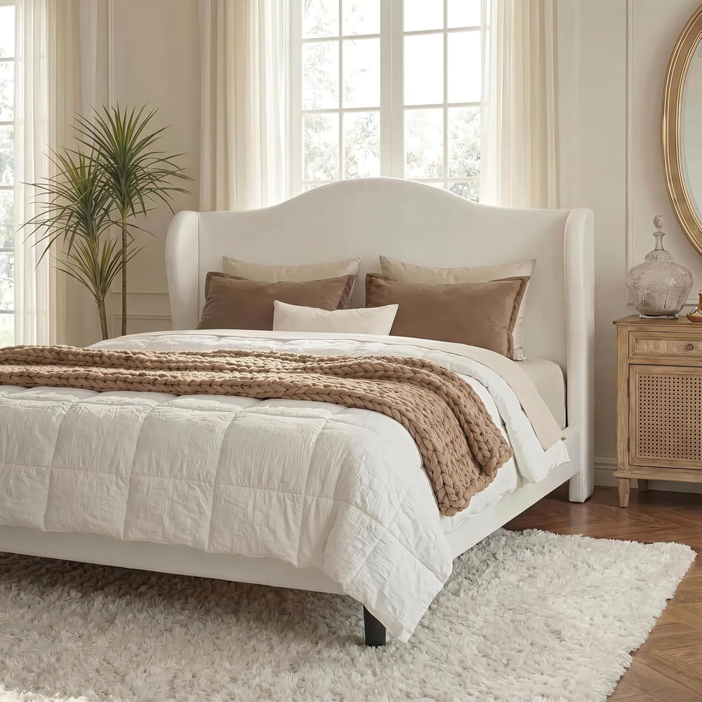 Allewie Queen Size Bed Frame, Plush Velvet Wingback, Modern Style, White