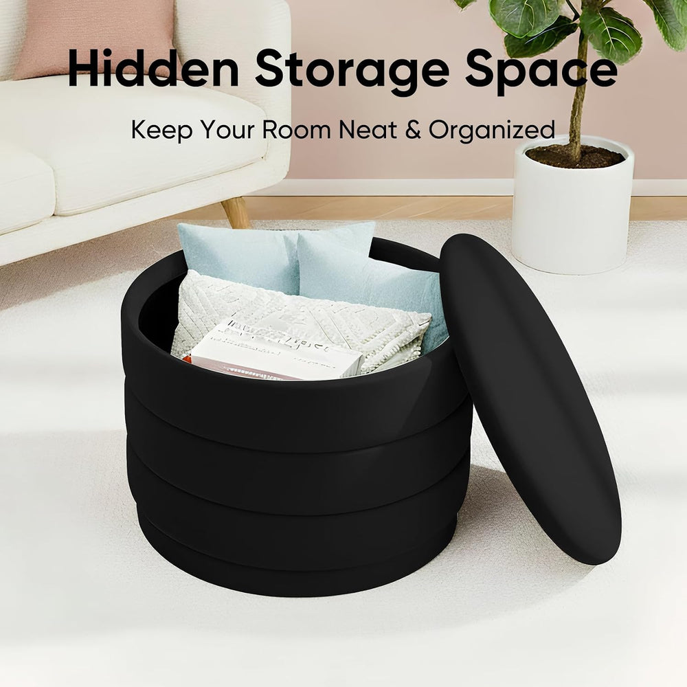 Round Storage Ottoman, 22.8 Velvet Footstool, Black