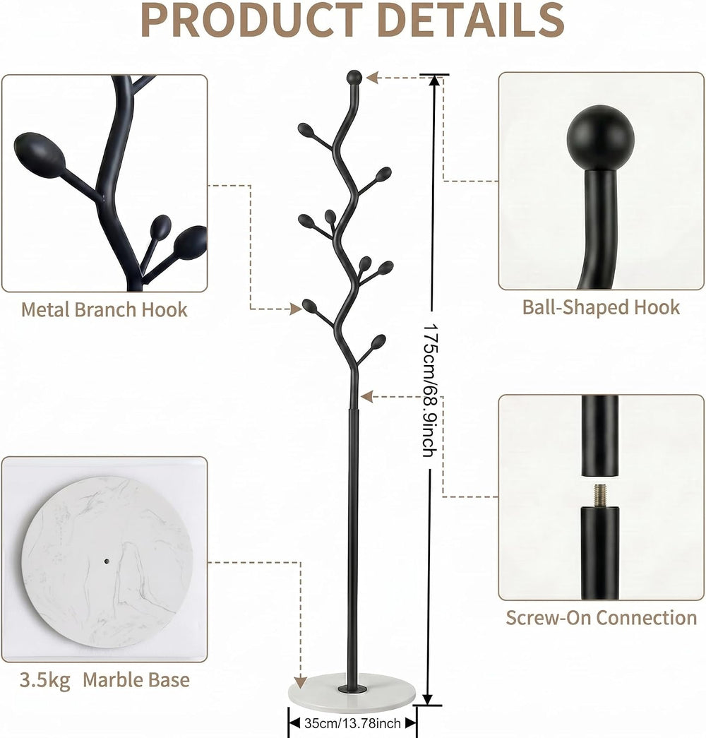 Black Freestanding Coat Rack & Tree Marble Base 9 Hooks
