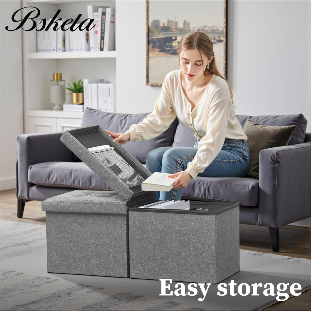 Bsketa Storage Ottoman Bench, 34" Folding Linen Foot Rest Stool, Dark Gray