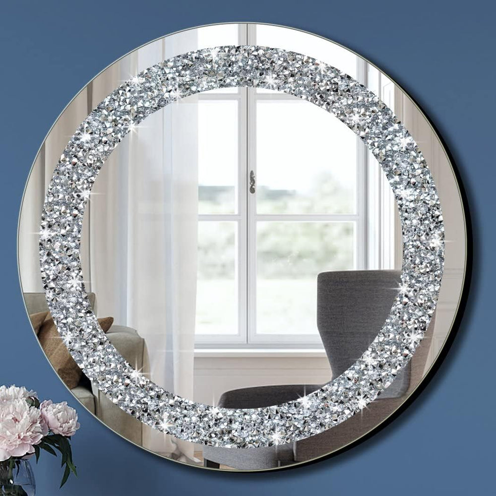 Crystal Crush Diamond Sparkly Round Silver Mirror for Wall Decoration 20x20x1...