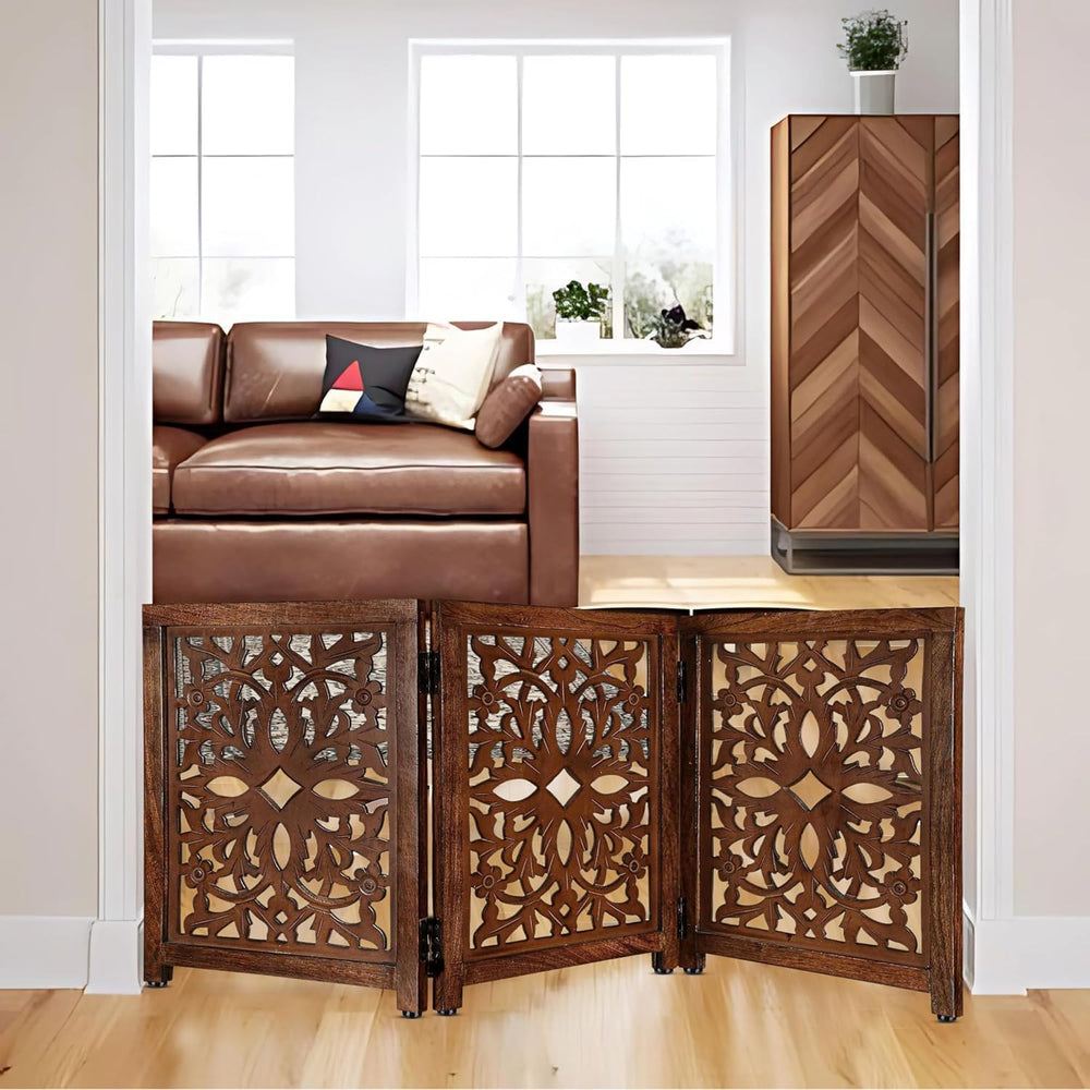 “Lightnpro Wooden Pet Gate – Decorative Carved Foldable Dog Fence, Extra-Wide...