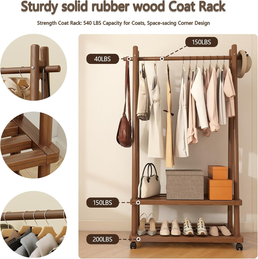 Solid Wood Clothing Rack with Wheels, Garment Rack Shelves, 31.5"W WALNUT