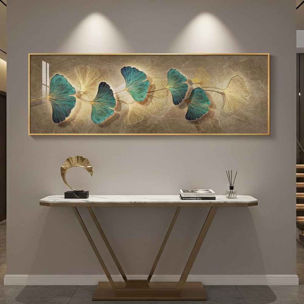 Framed Modern Luxury Narrow Wall Art for Living Room, Gold Teal Large Long Ho...