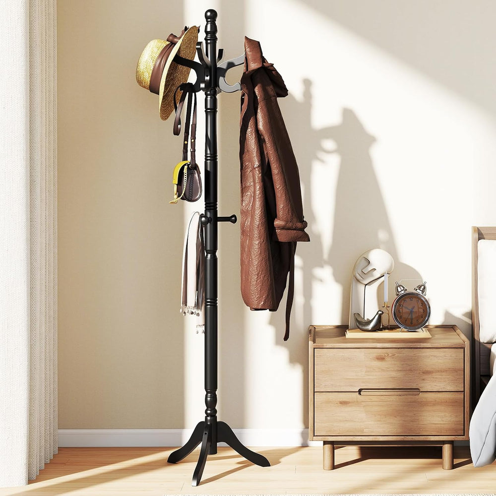 Tangkula Coat Rack Freestanding, Solid Rubber Wood Coat Tree with 11 Hooks an...