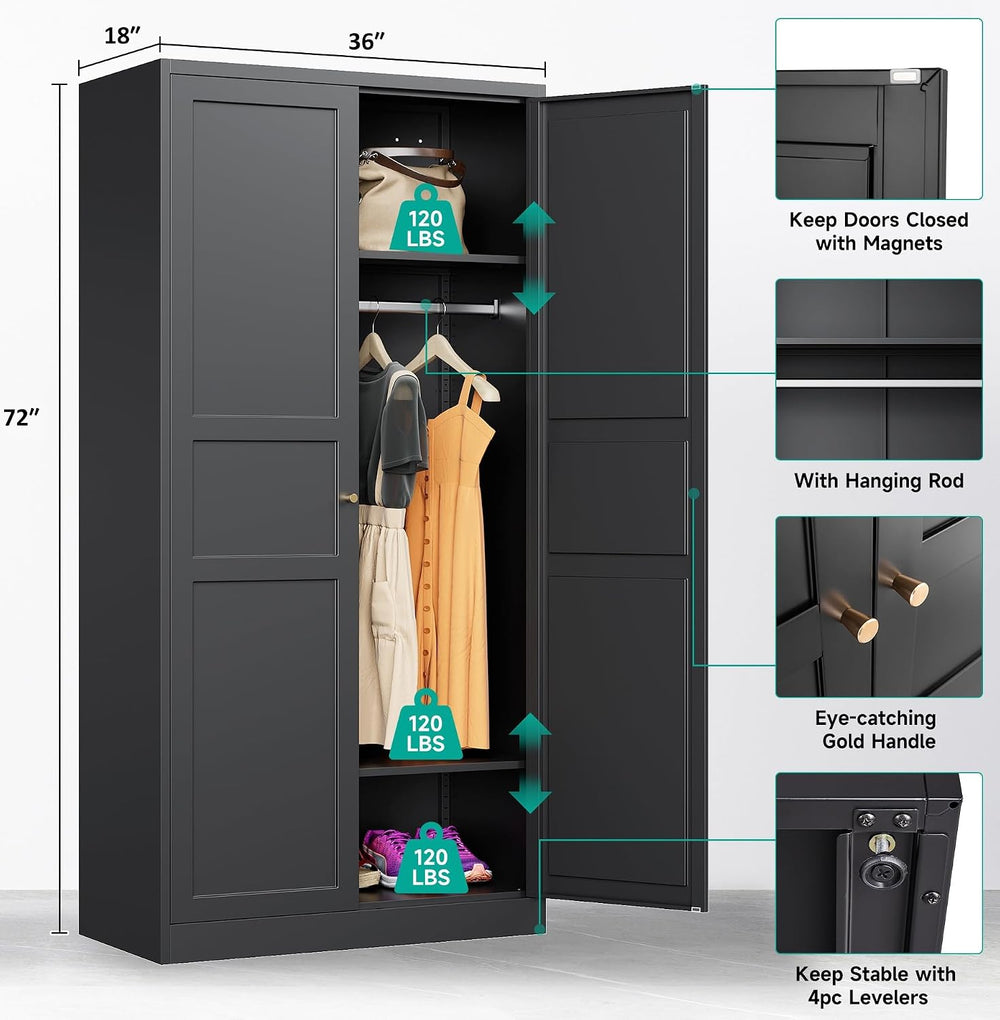 SISESOL Metal Wardrobe Cabinet with Hanging Rod,Black Armoire Wardrobe Closet...