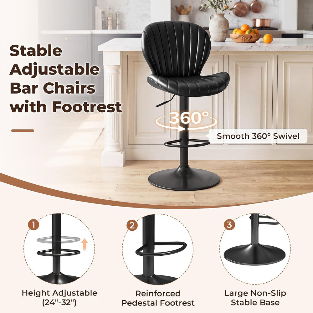 LIVELYGLOW Swivel Bar Stools Set of 2, PU Leather Chairs for Kitchen Black