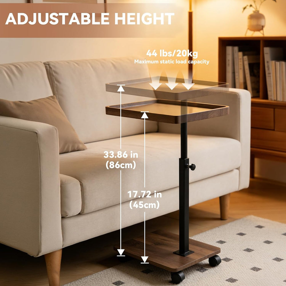 Small Rolling Side Table Adjustable Height, 360°Swivel C Table for Bed