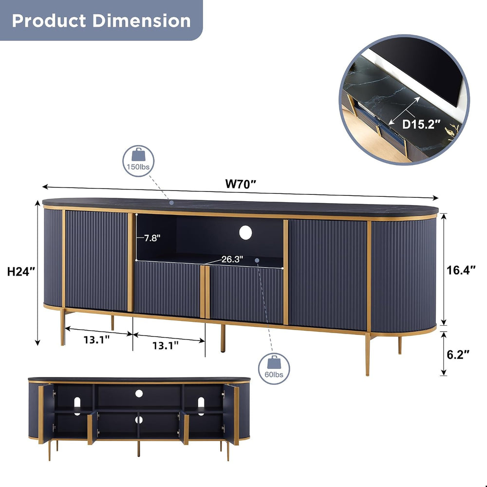 OKD 70" Fluted TV Stand with Storage, Faux Marble Top Entertainment Cent...