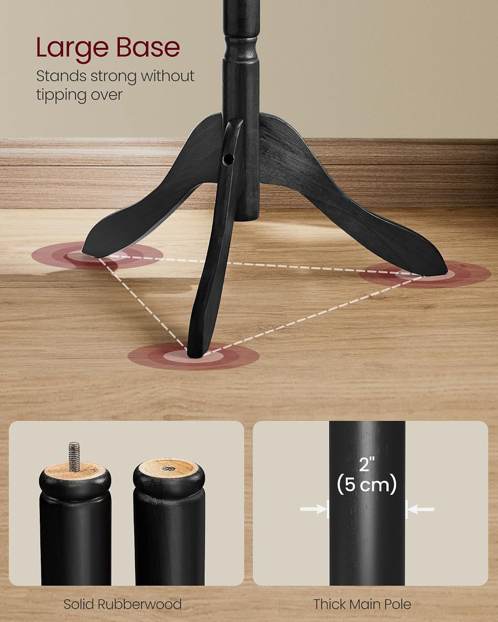 VASAGLE Freestanding Coat Rack, Rubber Wood Coat Tree with 9 Hooks