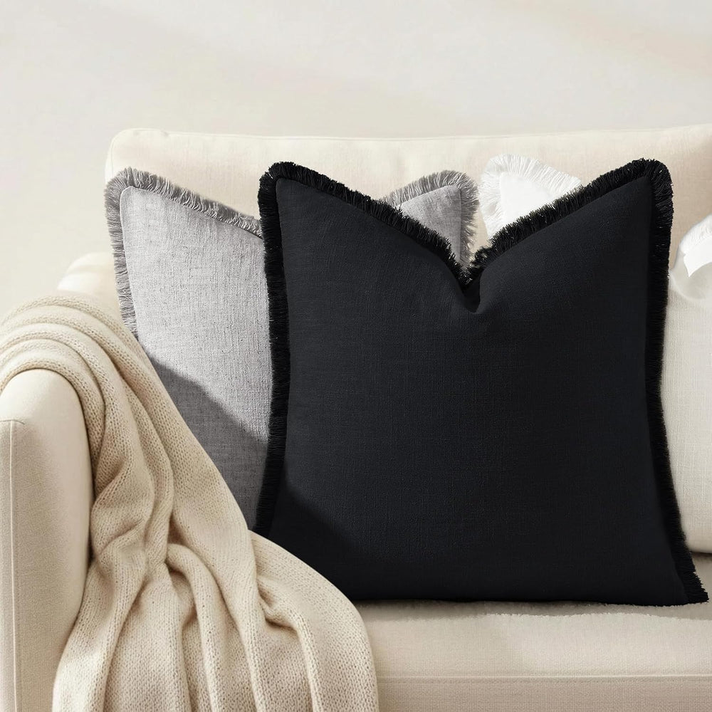 decorUhome Linen Fringe Black Throw Pillow Covers 24x24 Set of 2