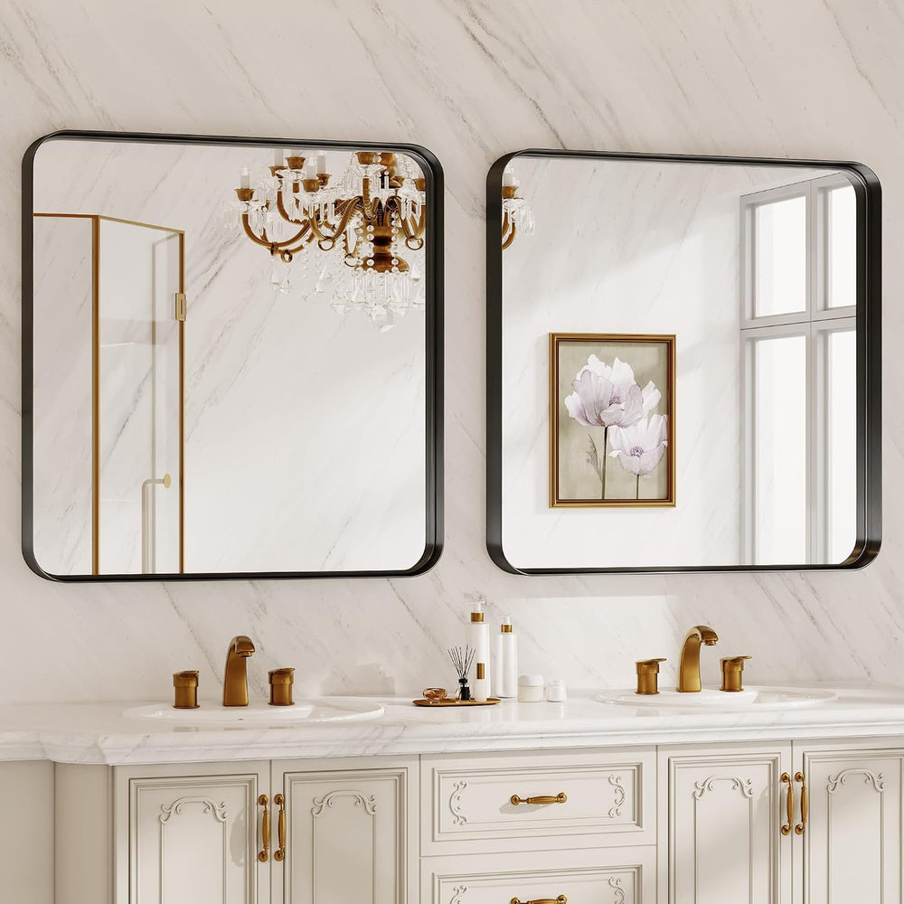 Bathroom Mirror for Wall, 30 Inch Square Mirror, Matte Black Metal Framed