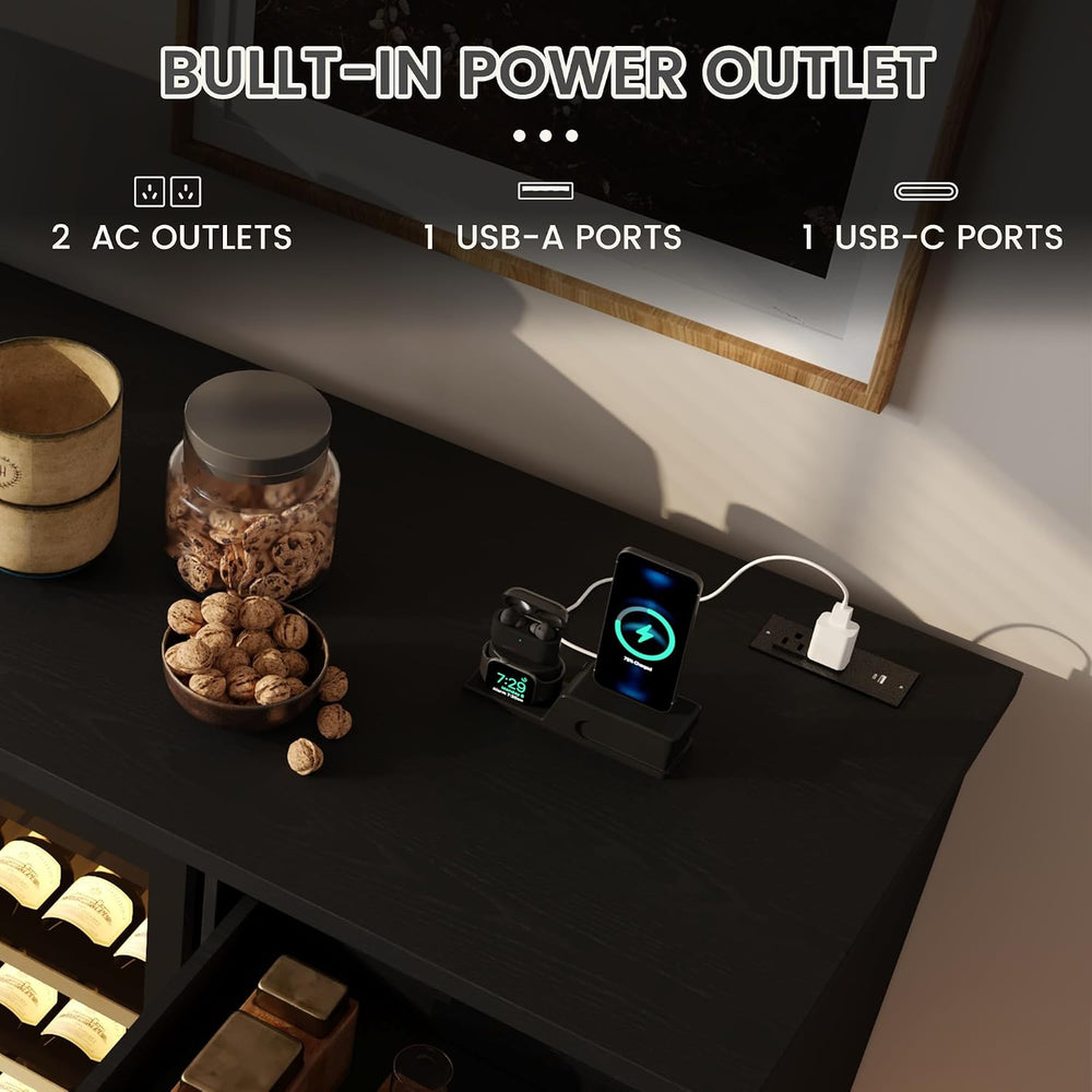 COCO DESIGN Coffee Bar Cabinet with Fridge Space and Power Outlet, Black