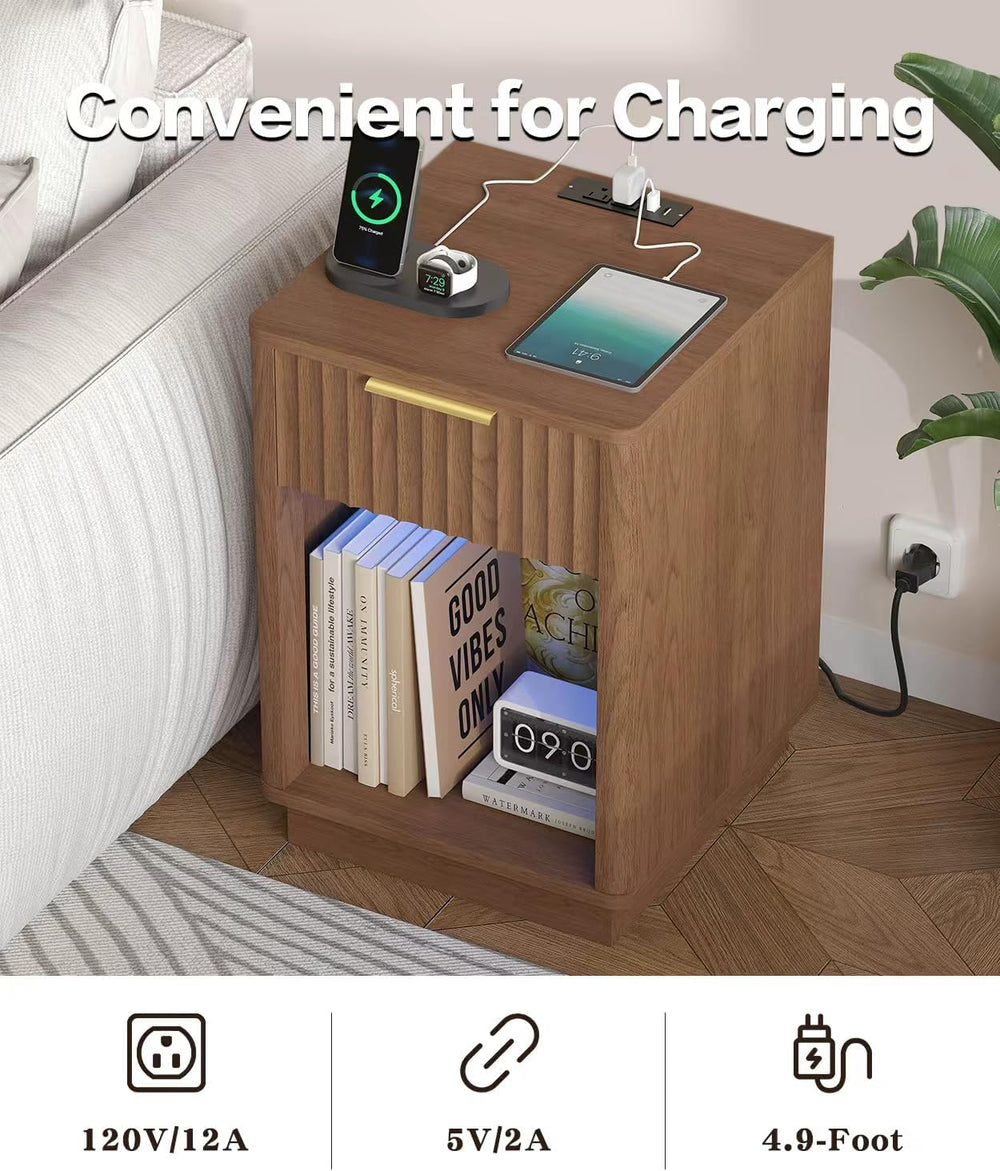 Akxomel Fluted Nightstand Set 2 Bedside Table with Charging Station Walnut