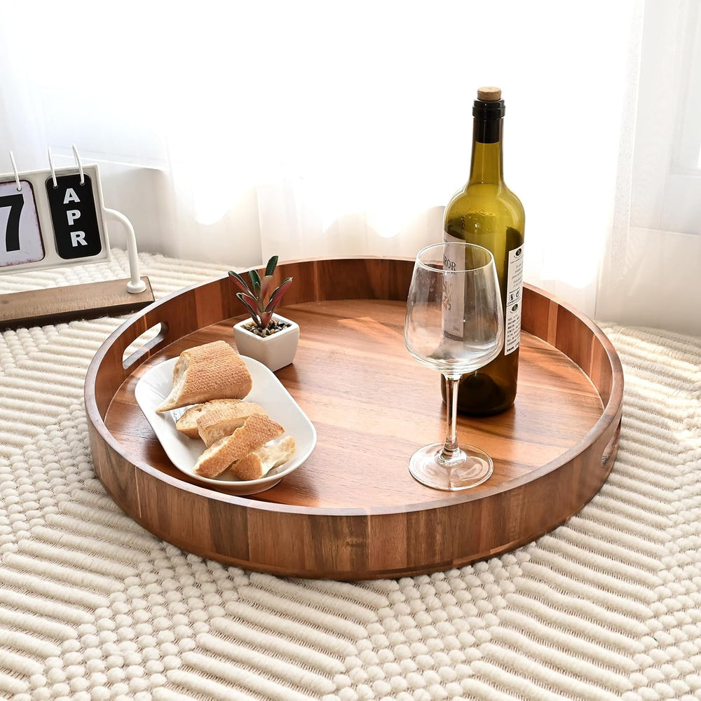 20 Inch Extra Large Round Serving Tray HeavyDuty Acacia Wood Tray for Oversiz...