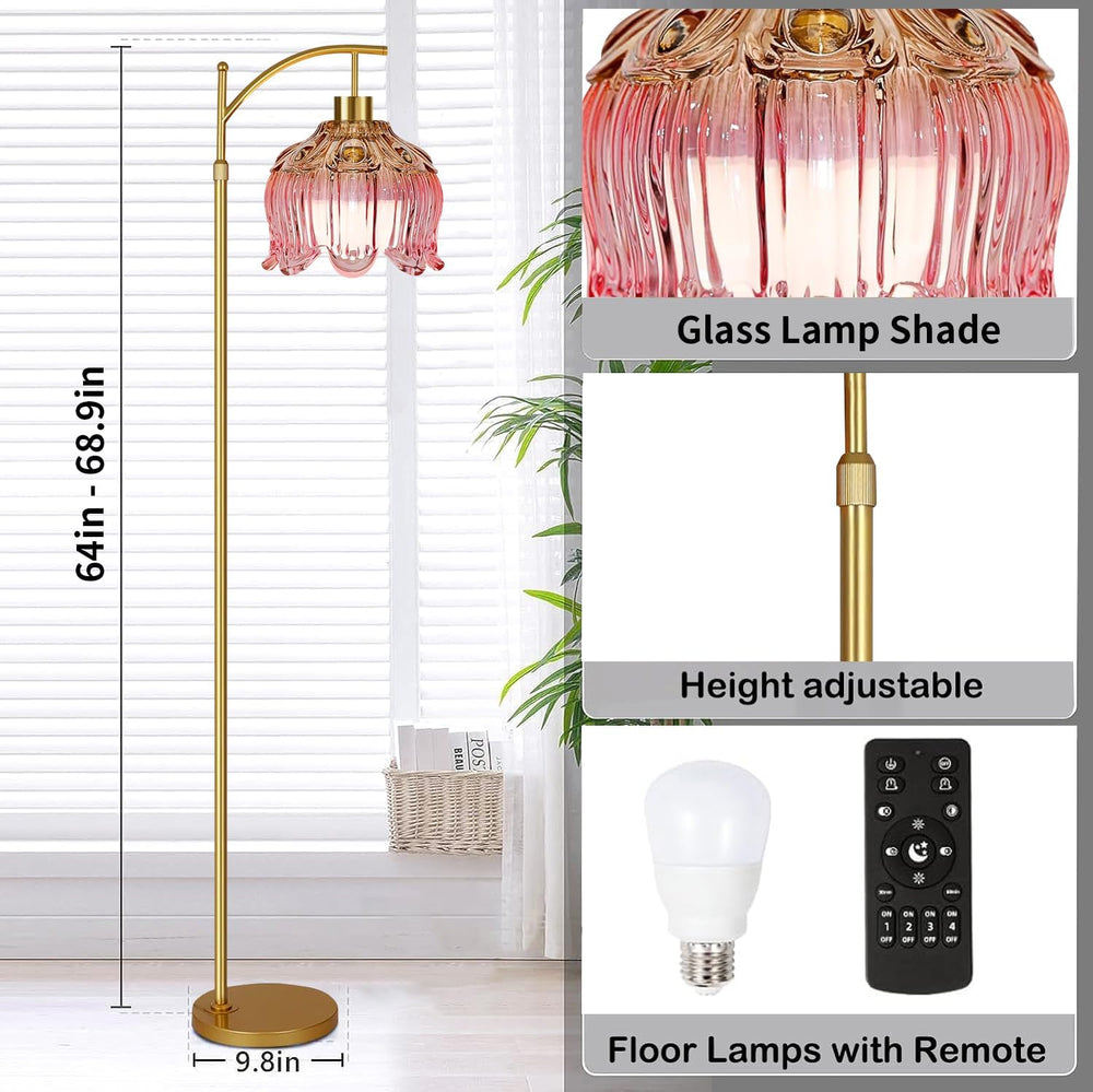 QIYIZM Pink Floor Lamp for Living Room,Bedroom,Glass Gold Dimmable Standing L...