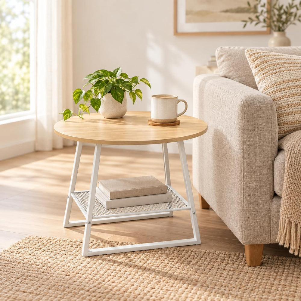 Lightdot 2‑Tier Round Side Table, Walnut End Table with Metal Mesh Shelf