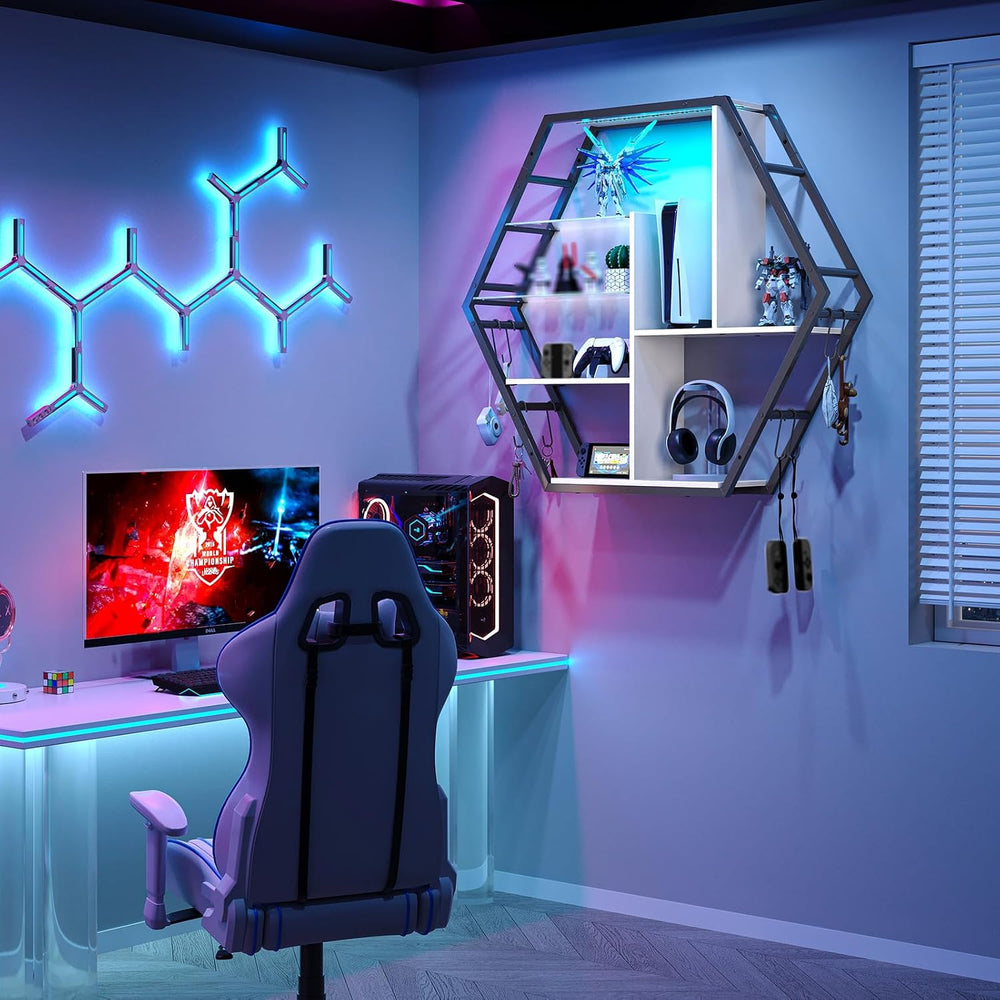 Saudism Large Gaming Room Storage Shelf, Hexagon Wall Mounted Display Shelf