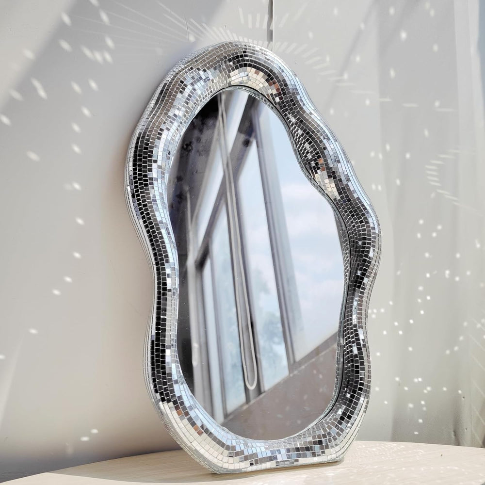 Wavy Disco Mirror, 16in Silver Tabletop Wall Decor with Stand