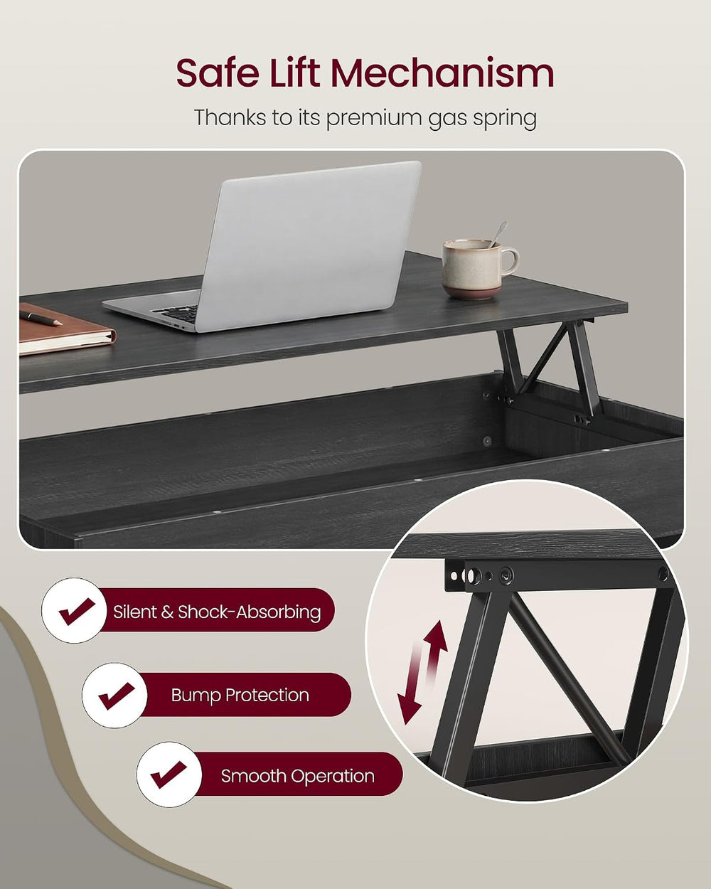 VASAGLE Lift Top Coffee Table with Hidden Storage, Gas Spring