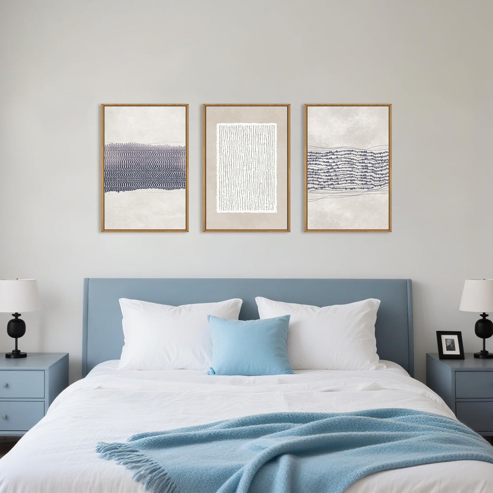 HOURIA Blue White Abstract Neutral Framed Canvas Wall Art Set- 16"x24&qu...