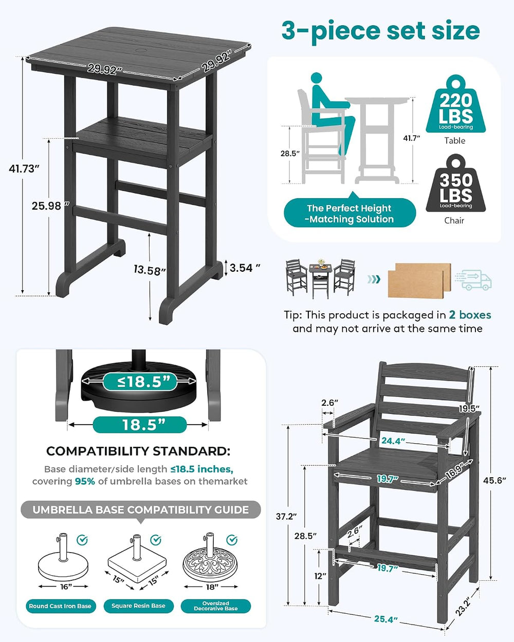 SERWALL 3 Pcs HDPE Bar Height Chairs and Double Layer Pub Table Set, Gray