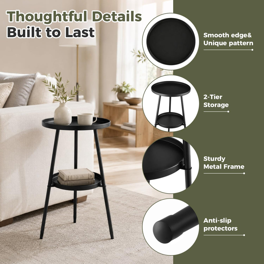 2-Tier Metal Outdoor Side Tables Set of Two 12.6" Round Black End Tables...