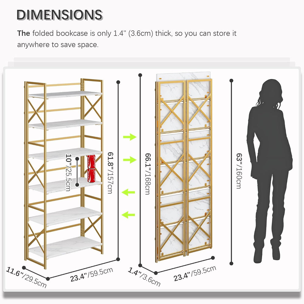4NM 6 Tiers No Assembly Book Shelves, 61.8" H Folding Bookshelf Bookcase...