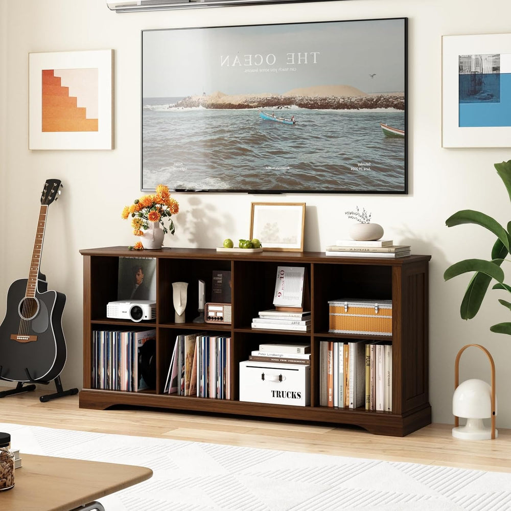 8 Cube Storage Organizer, 62" Long Low Horizontal Bookshelf,Walnut