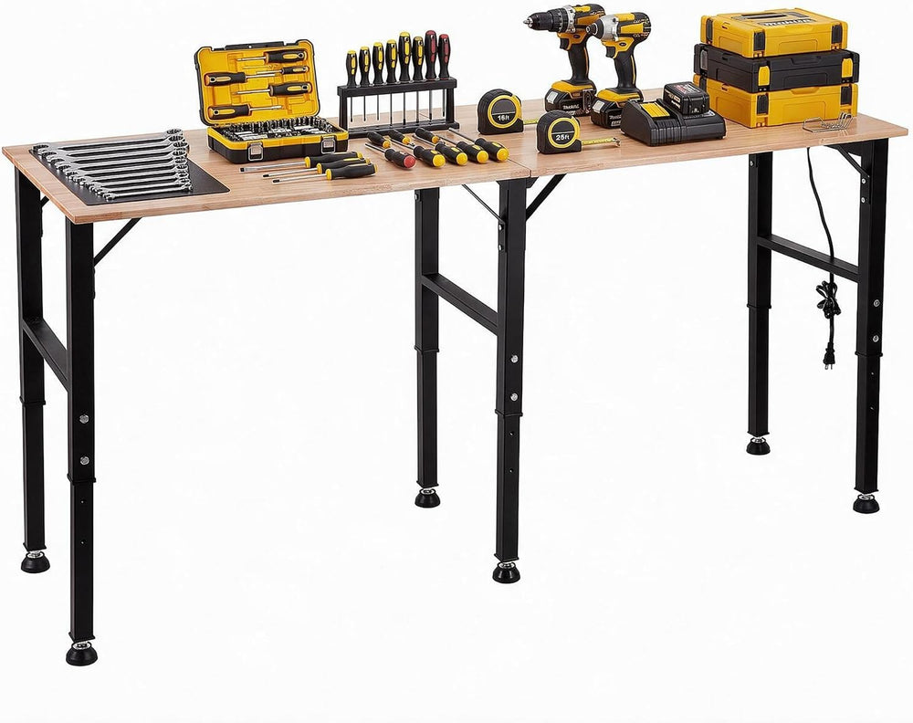 OLBRUS 68'' Adjustable Workbench with Power Outlet, Heavy Duty Work B...