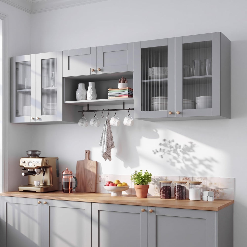 Kikihouse Wall Mounted Storage Cabinet Set with Glass Doors (Grey)