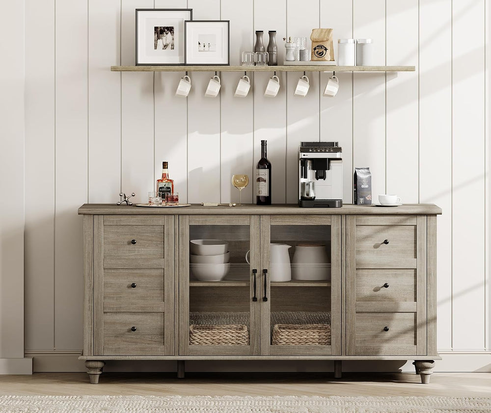 WAMPAT Farmhouse Sideboard Buffet Cabinet with Glass Door & Adjustable Sh...