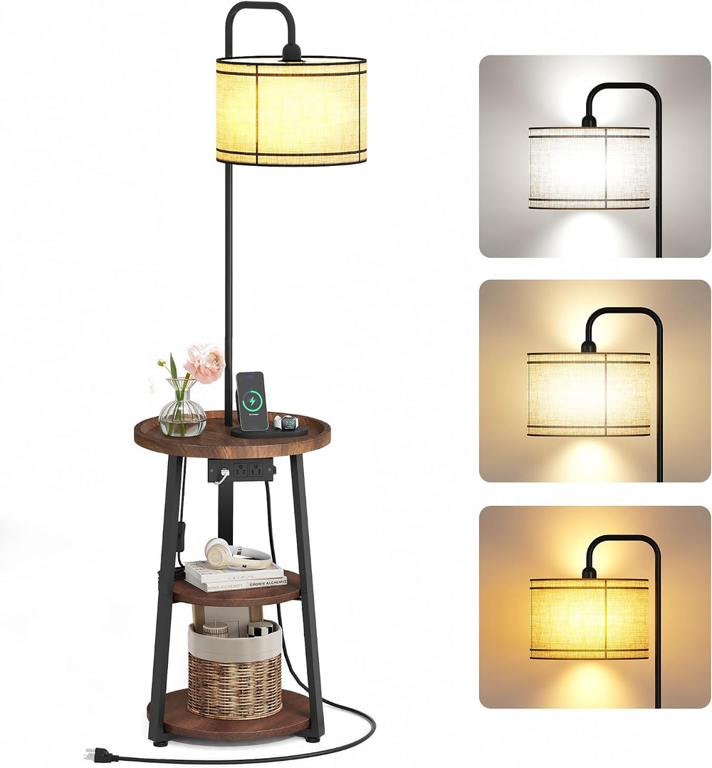 WLIVE Floor Lamp with Table, Round Small Side Table with Charging Station