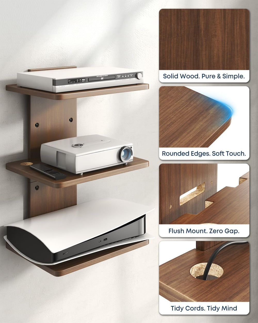 Floating TV Projector Shelf Wall Mount - 3 Tier Wooden Shelf, Walnut Brown
