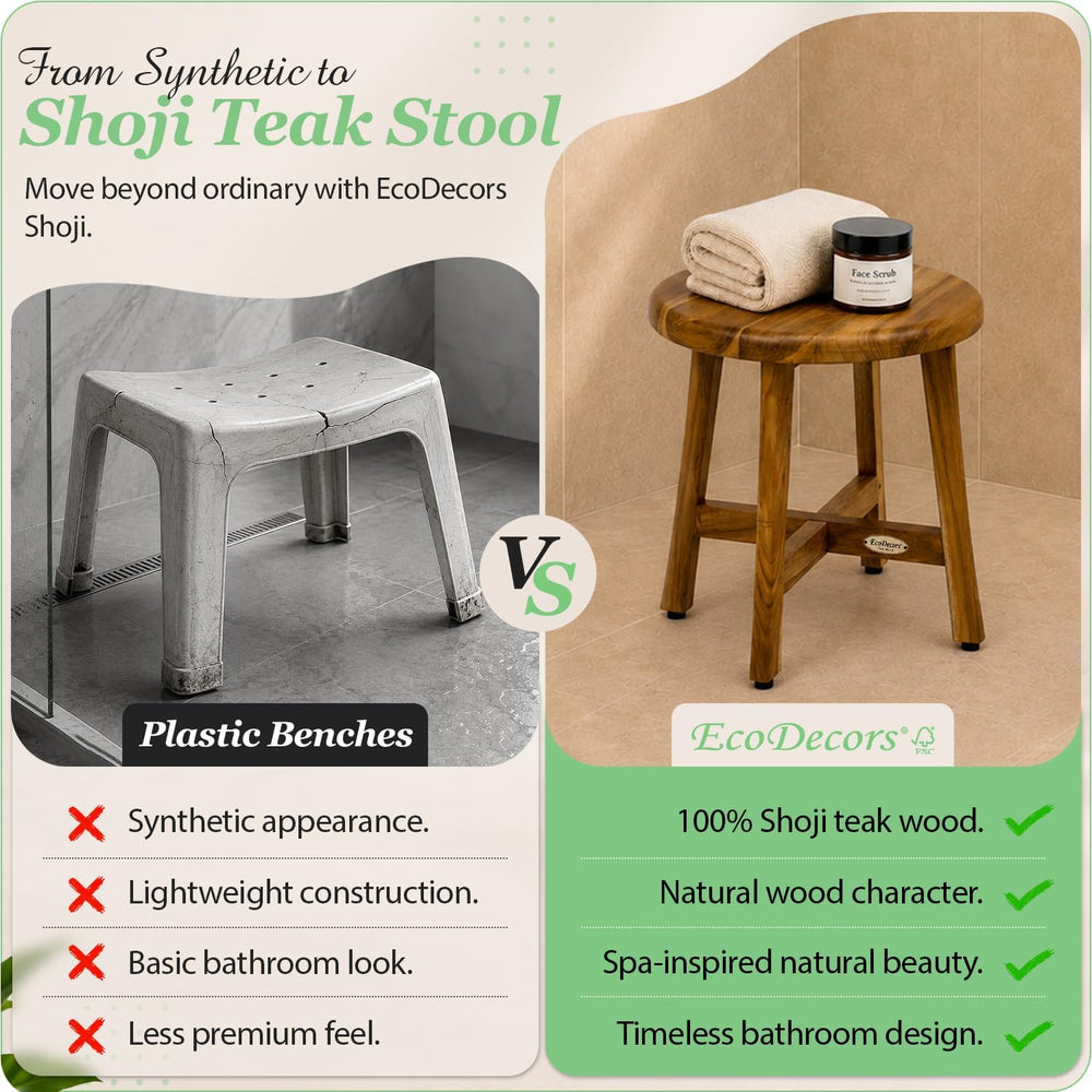 EcoDecors Shoji 18’’ Round Teak Shower Stool, Bath Seat 12’’