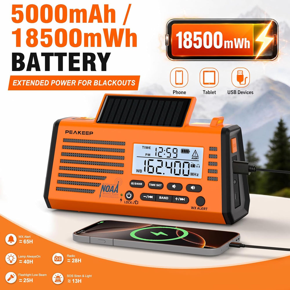 Peakeep Emergency Radio NOAA Weather Alert Battery Solar Crank Powered