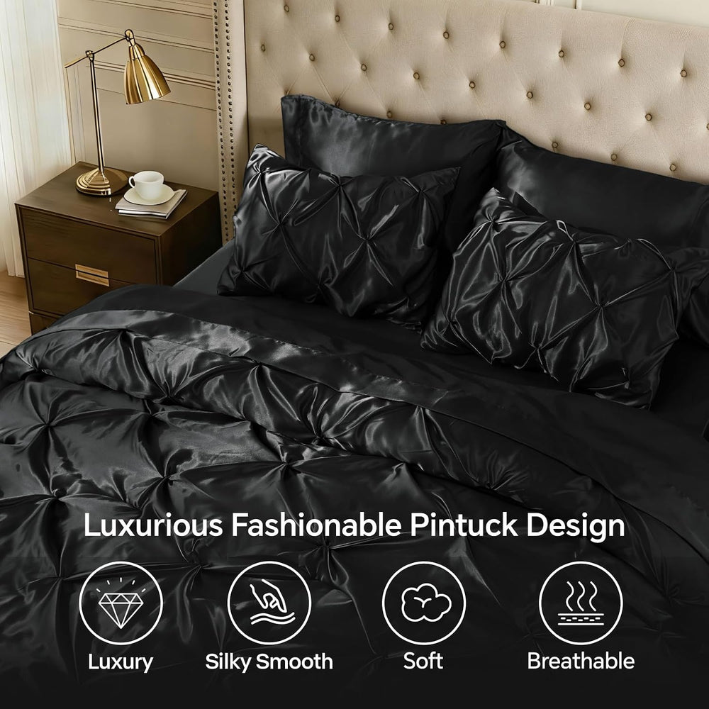 BEDELITE Satin Comforter Set Queen, 7 Pieces Pintuck Bed in A Bag, Black