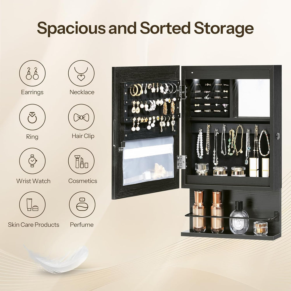 HOOBRO Wall Mounted Jewelry Cabinet, LED Jewelry Armoire with Interior Mirror...