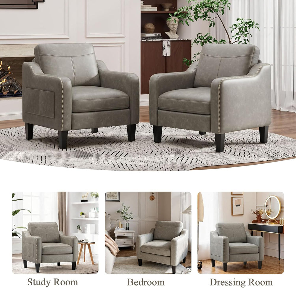 MALOL PU Leather Accent Chair with Solid Wood Frame, Grey