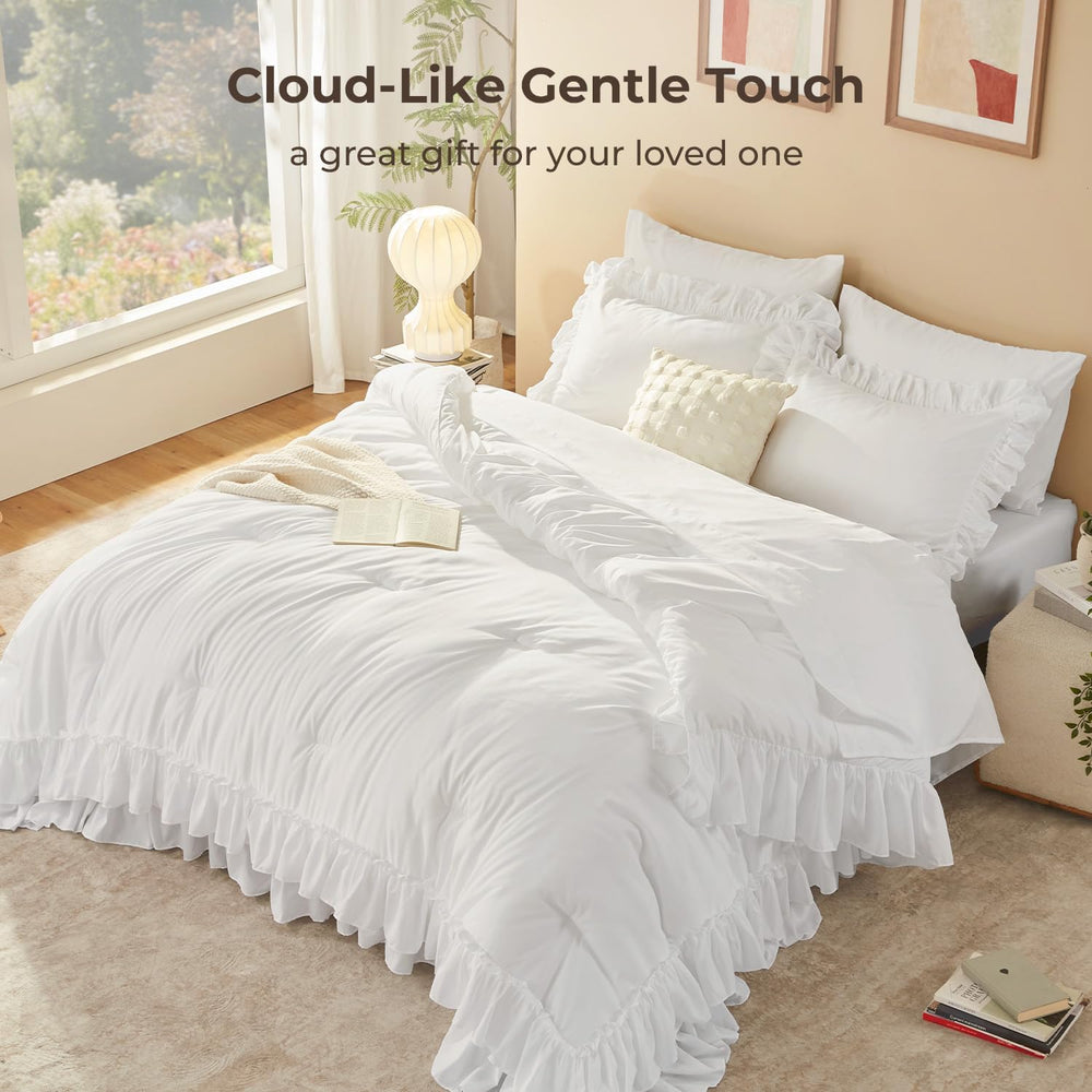 Litanika King Size Comforter Set, 7 Pcs White Ruffle Bed in a Bag