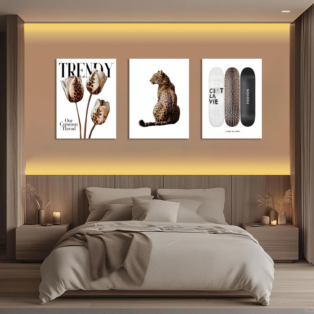 Trendy Leopard Canvas Wall Art Set of 3 Cheetah Printed Preppy Fashion Skateb...